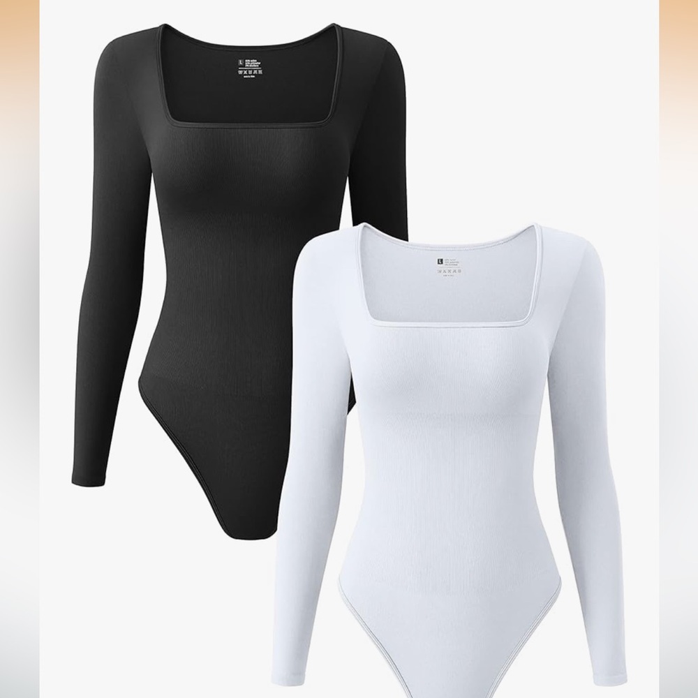 OQQ Women's 2 Bodysuits Ribbed Square Neck Long Sleeve Tops